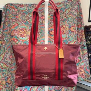 Coach Maroon Tote with Red Striped Handles